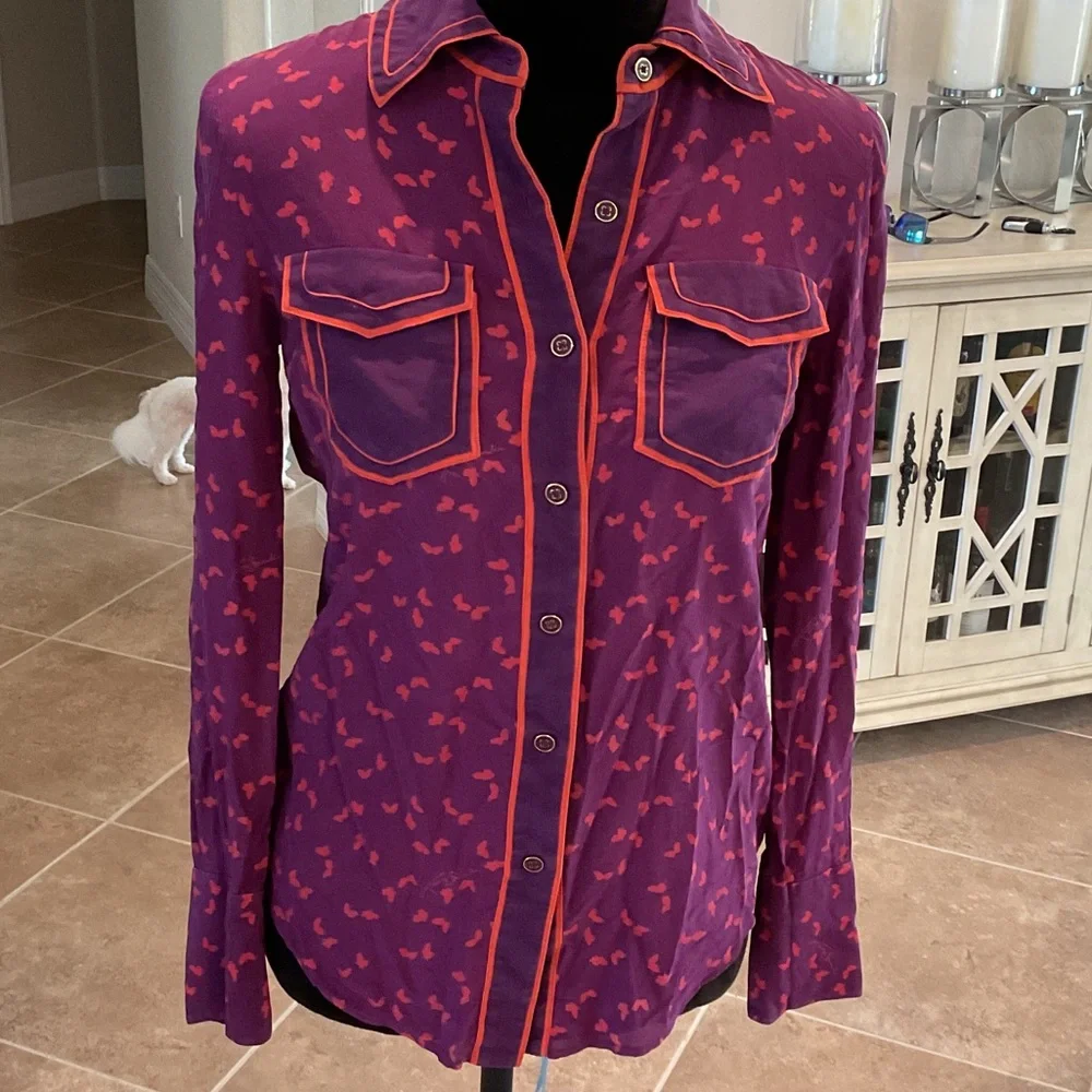 Tory Burch silk button down top, purple/orange, size XS